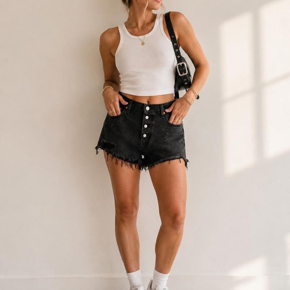 Levi's 501 High Rise Button Fly Distressed Black Cut-Off Denim Shorts